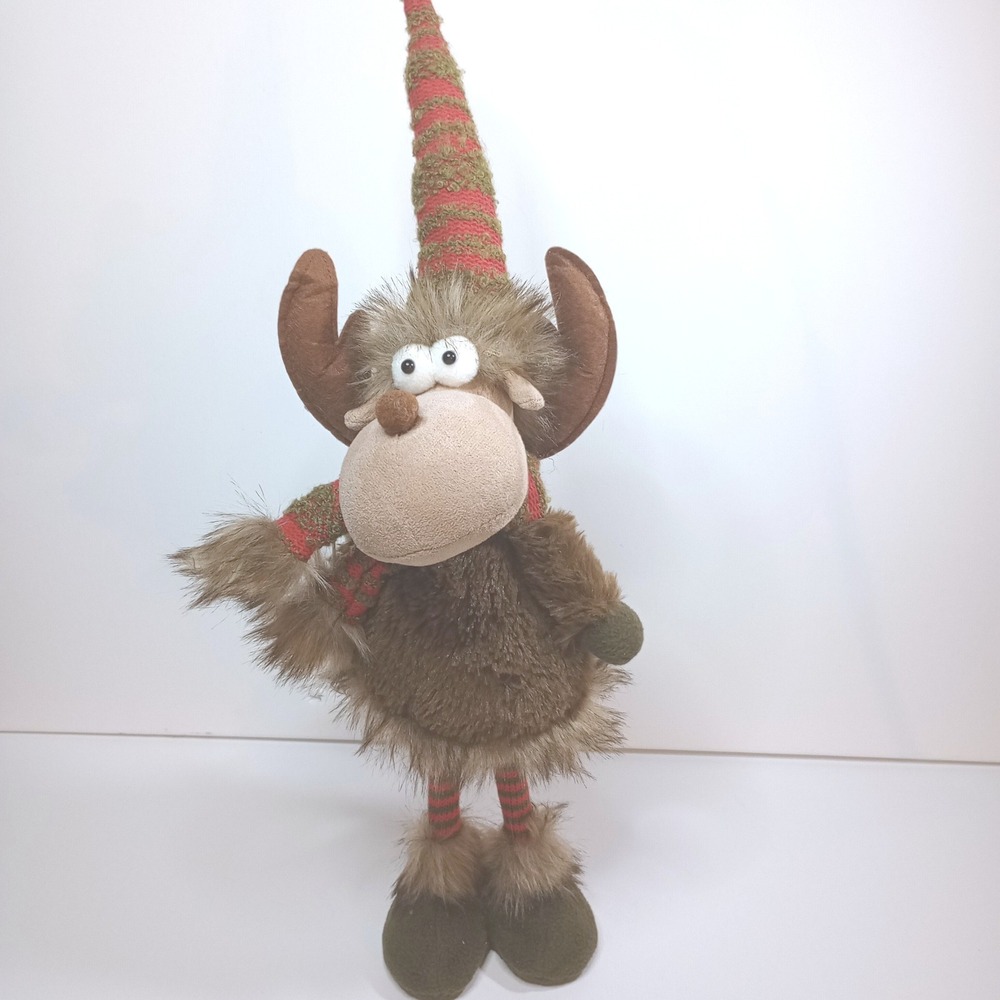 Plush Reindeer Figurine 18in Striped Knit Hat Scarf Rustic Christmas Decor Brown